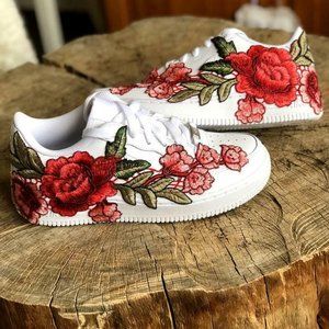 Nike Air Force 1 White Shoes Custom Rose Red Long 🌹 Embroidered Floral Sneakers